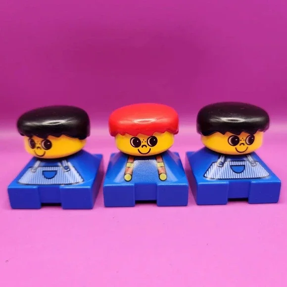 3 Vintage 90s Lego Duplo People 2x2 Square Figures Blue Red Black Hair