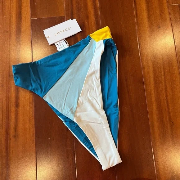 New NWT LSpace Bikini Bottom Luca Sunburst Bitsy Blue White Yellow Colorblock XS