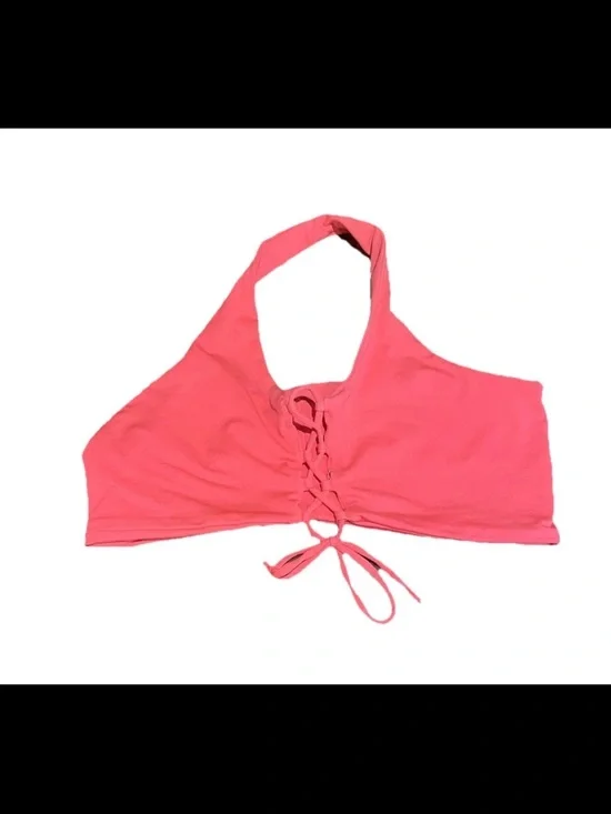 L Space Lace Up Halter Bikini Top Neon Pink Coral Small
