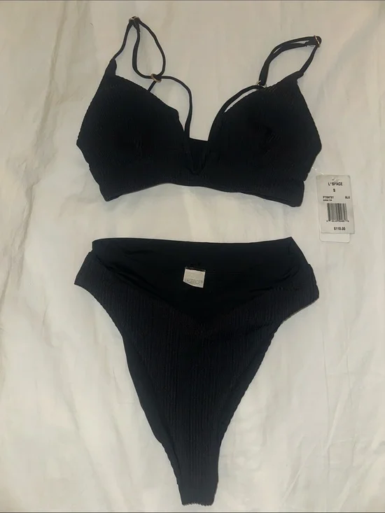 l*space Black Ribbed V-Waist Bikini Set