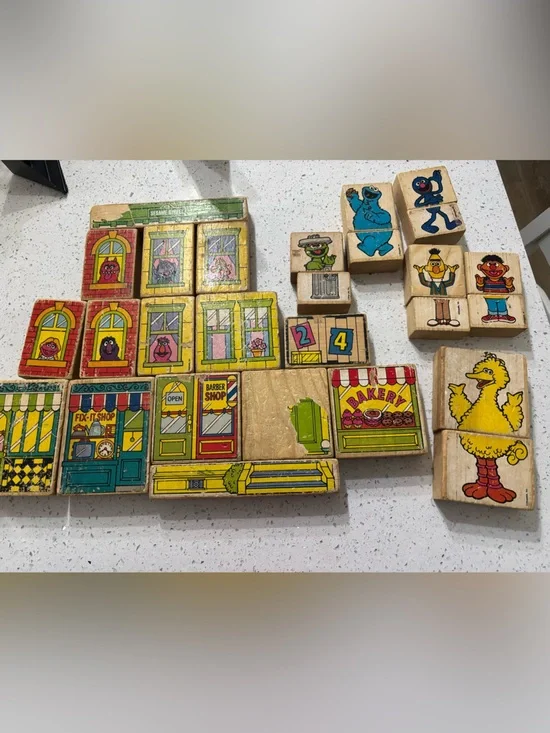 Vintage Wooden Kids Building Blocks Set with Sesame Street Characters