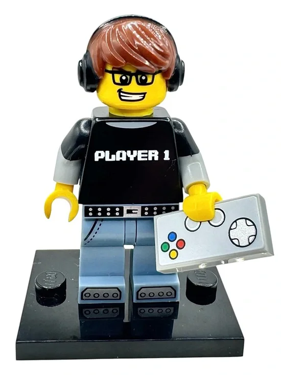 Lego Yellow Gamer Minifigure with Black 'PLAYER 1' Shirt and Light Blue Legs