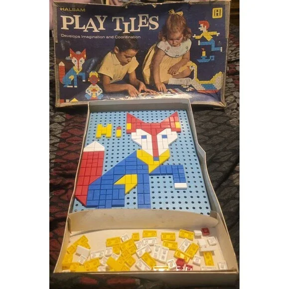 Vintage Halsam Pegboard Playtiles Set w/box (Missing Few Color Tiles & Poster)