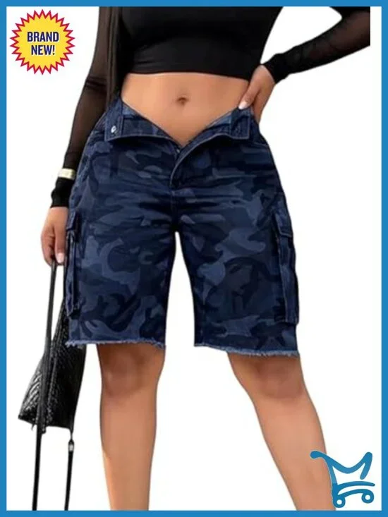 High Waisted Camo Cargo Bermuda Shorts - Wide Leg Stretchy Denim Jorts