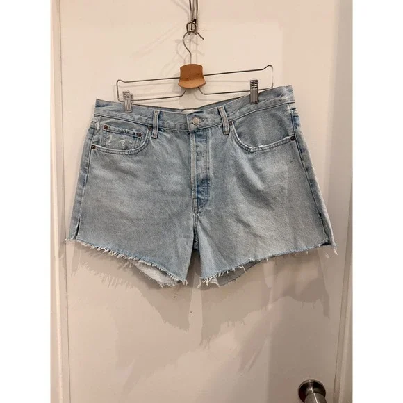 AGOLDE Parker Long Denim Shorts 32 Light Wash Coastal Distressed High Rise Boho