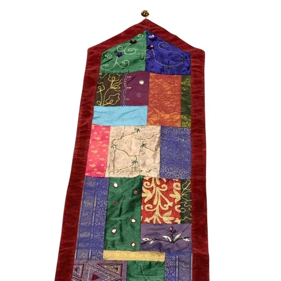 READ Vintage Pier 1 Imports Patchwork Beaded Table Runner 14x68 Boho Embroidery
