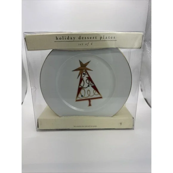 Pier‎ 1 Christmas Tree Salad Dessert Plates Red Green Gold Trim 7.5