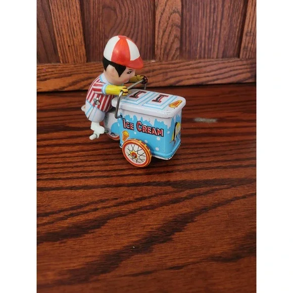 Vintage Retro Tin Litho‎ Wind-Up Ice Cream Bicycle Man-  Runs Great