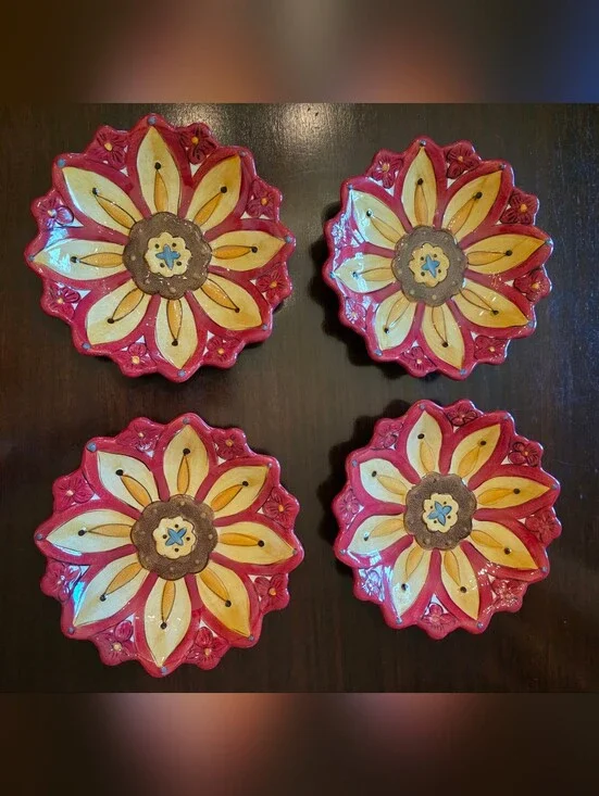 Pier 1 Hand-Painted Floral Ceramic Appetizer Plates - Red & Yellow (Set of 4)