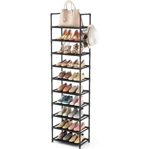 Tall Narrow Shoe Rack 10 Tier Organizer Shelf Holds 25 Pairs Black Storage