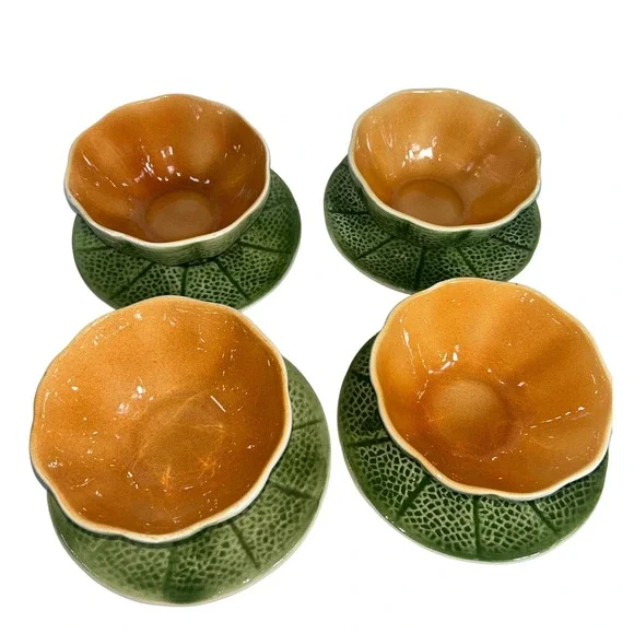Vintage Knobler Japan ceramic‎ majolica art pottery fruit bowls & Saucers 8Pc