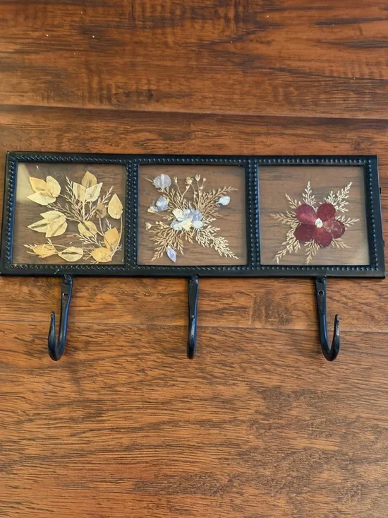 Vintage Unique Pressed Flowers In Glass Wall Wrought 3 Iron Hooks 10x3.5”