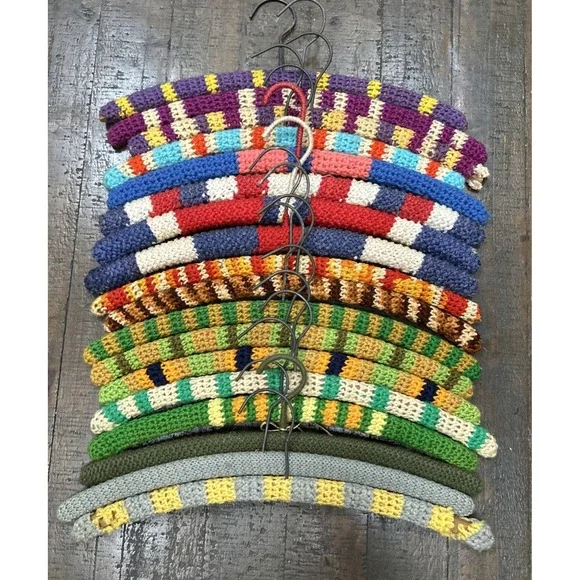 Lot 18 Vintage Crochet Covered Wooden Clothes Hangers Colorful Grannycore