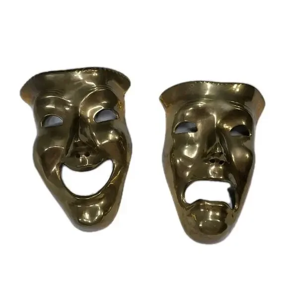 Vintage Solid Brass Wall Hanging Drama Theatre Style Face Masks Happy & Sad Pier