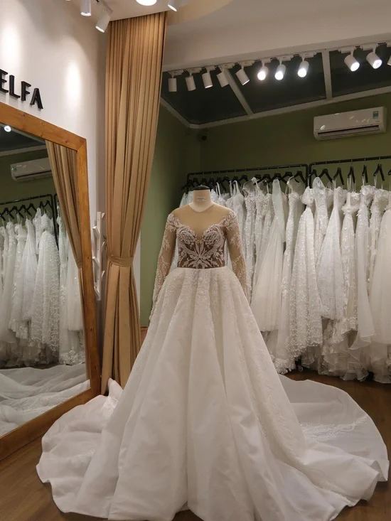 ELF Ivory and Nude Lace Long-Sleeve Bridal Gown