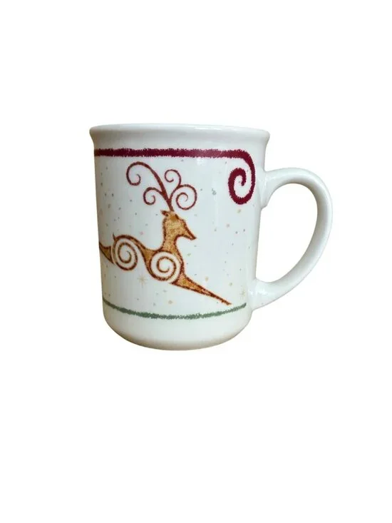 Vintage Rustic Reindeer Coffee Mug Maroon Scrolls Pier 1 Holiday Christmas