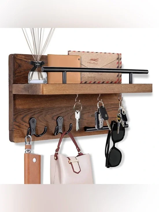 Wall-Mounted Wooden Shelf with Black Metal Rail and Hooks - Brown/Tan