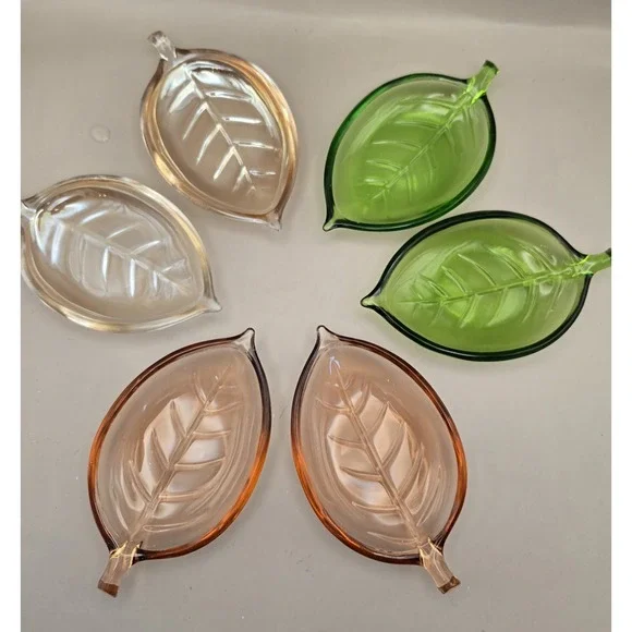 Vintage 60's Color Glass Leaf Shaped Trays 6pcs. 3 Colors B#24