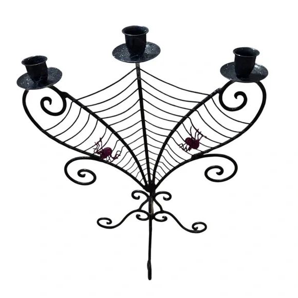 Spiderweb And Spiders Halloween 15” 3 Candle Candle Holder Metal