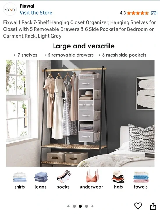 NIB 7-Shelf Hanging Closet Organizer - Light Gray