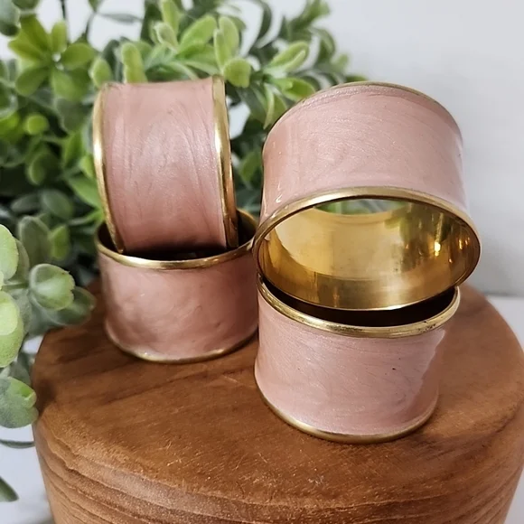 Set 4 Vintage Brass Pink Swirl Enamel Napkin Rings India Boho Chic Cottagecore