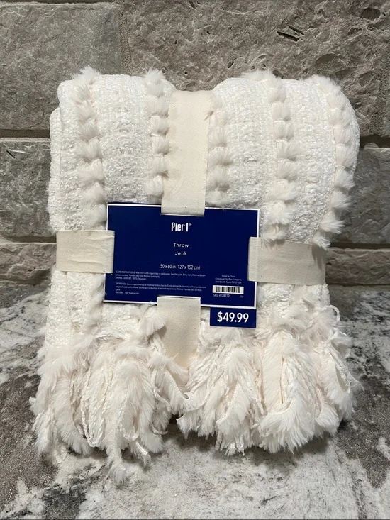 NEW Pier 1 Cream Fringe Textured Throw