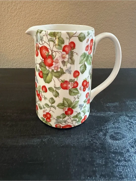 Pier 1 Grace Fine Strawberry Pattern Ceramic Pitcher in Red and Green