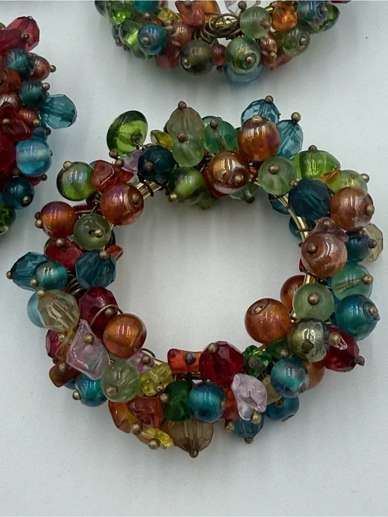 Vintage Pier 1 Glass Beaded Napkin Rings, Set Of 4, Boho, Colorful, Gold Rings