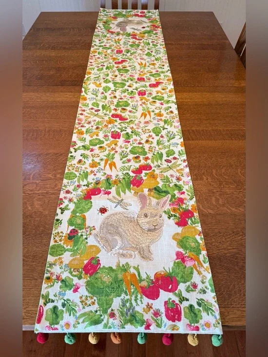 Pier 1 Table Runner Easter Embroidered Bunny Garden Spring Pom Pom 72