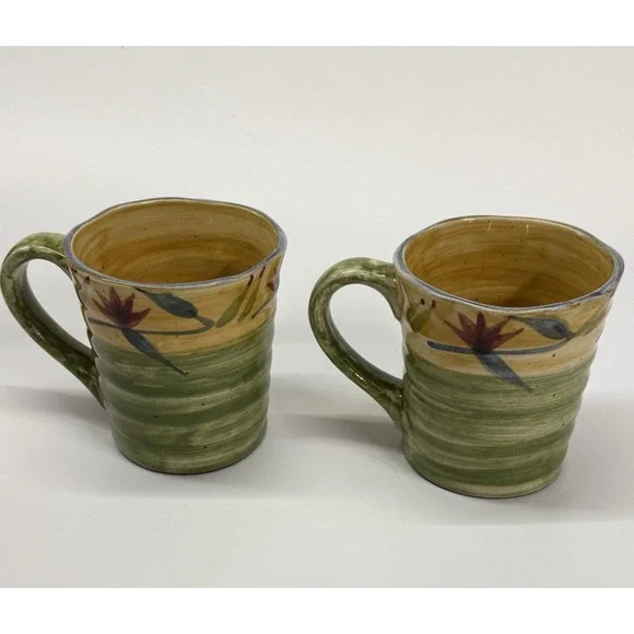 Pier 1 Elizabeth Mug Set of 2 Floral Handpainted Stoneware Green Floral 16 oz