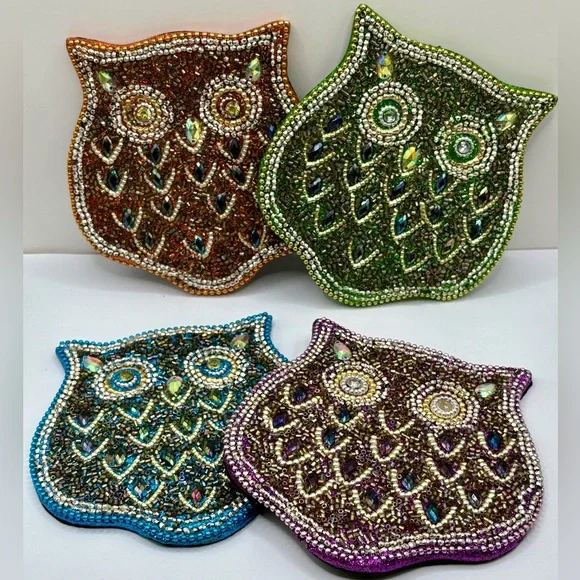 Pier 1 Beaded Jewel Tone Owl Coaster Set 4 Whimsy Owls Retired
