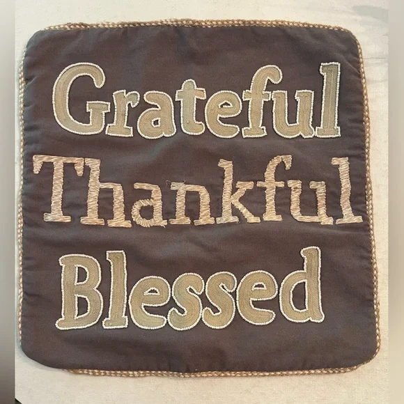 Pier One farmhouse gray beaded “Grateful Thankful Blessed” pillow case.