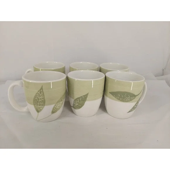 Pier‎ 1 Folia Green Leaves Band Crafted in Italy - LOT OF 6 Coffee Mugs 3 3/4'
