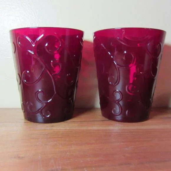 14 oz pier 1 ruby red embossed glass tumblers - pair of 2 (W3913)