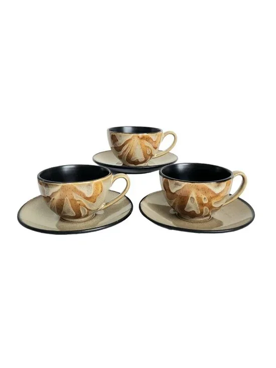 Set Of 3 Pier 1 Kioko Tea Coffee Cup and Saucers Tan Black Interior Boho Cottage