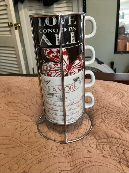 NWOT Pier 1 “ Inspirational Love “ Set of 4 Stackable Mugs