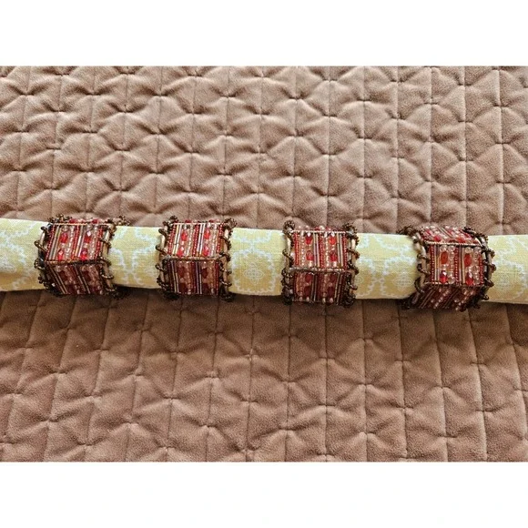 Lot of 12 Pier 1 Moroccan BOHO Beaded Napkin Rings Red & Copper Beautiful