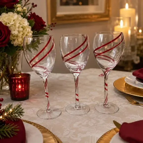 3 Pier 1 Ribbon SWIRLINE Wine Glasses Goblets Red lot of 3
