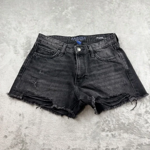 Arizona Jean Co Black Distressed Denim Shorts Women's Size 7 Hi-Rise Cotton