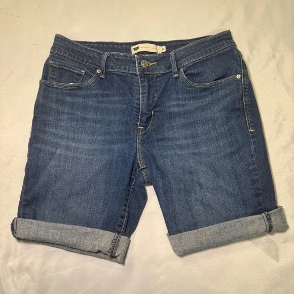 Levi's‎ Womens Mid Rise Dark Wash Denim Cuffed Bermuda Shorts Blue Size 10 Levis