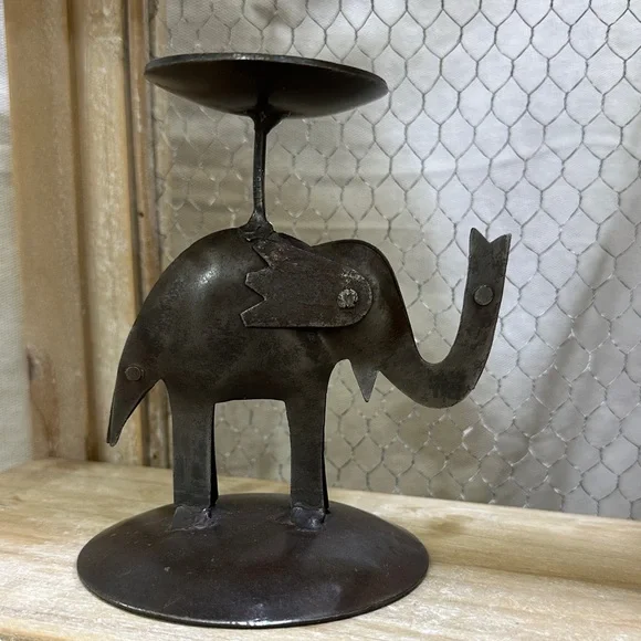 Preowned Metal Elephant Candle Holder - Rustic Dark Brown
