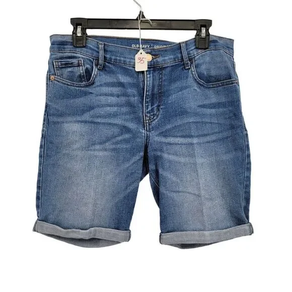 Old Navy Shorts Denim Jean Mid Rise Whiskered Cuffed Bermuda‎ Light Wash Blue 8