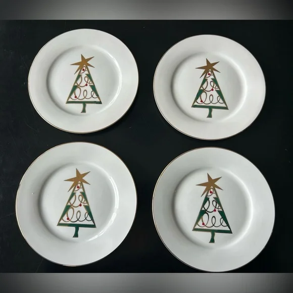 Pier One Plate Set Christmas Tree 4 Lunch‎ Salad Dessert Appetizer Green Gold