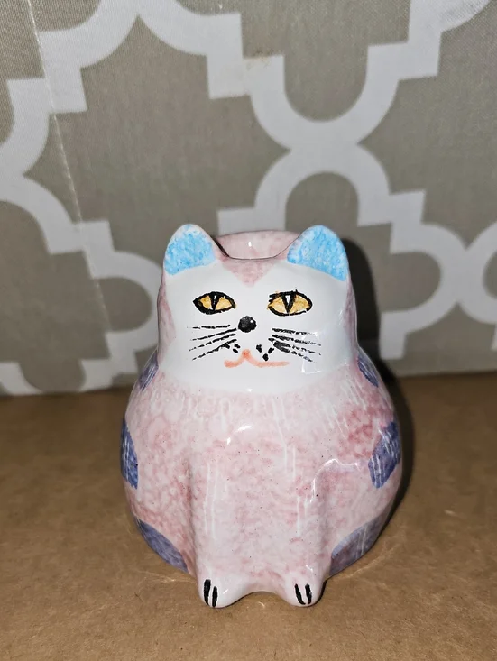 Pier 1 Italy Candle Holder Pink Blue Ceramic Cat Figurine with Blue Accents