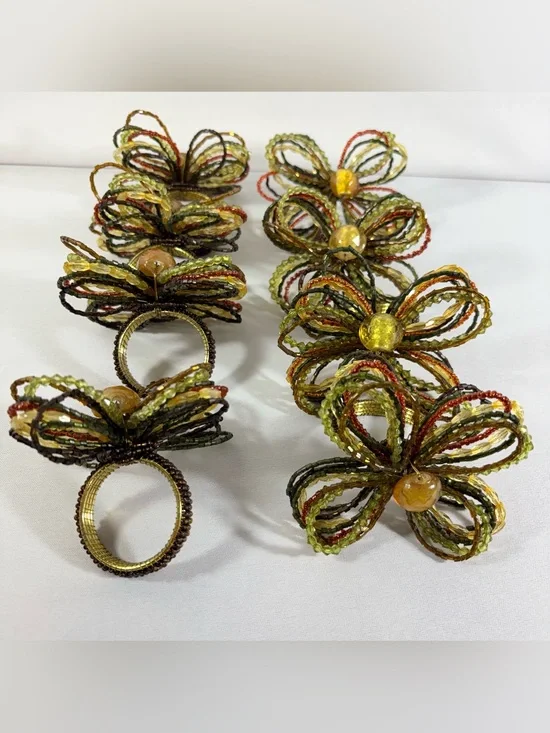 Set of 8 Pier 1 Beaded Flower Napkin Rings - Fall Boho Gold Green Thanksgiving