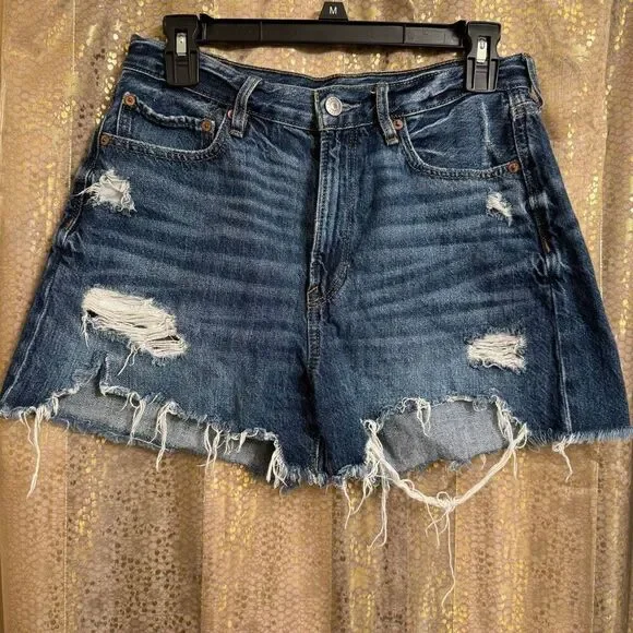American Eagle Blue 90's Boyfriend Shorts Distressed Cut Offs Size 8