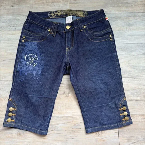 Y2K Urban Streetwear Mecca Femme Denim Bermuda Shorts Bling Pockets Size 7/8