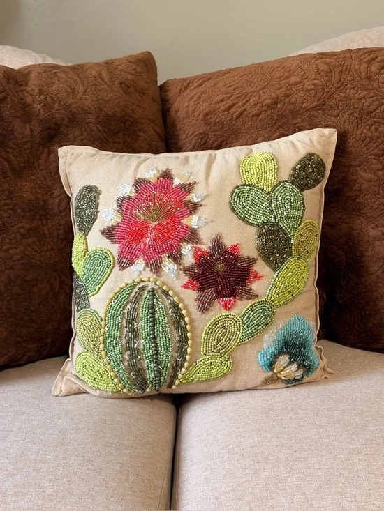 PIER 1 Beaded Cactus Floral Decorative Pillow - Tan Background  12