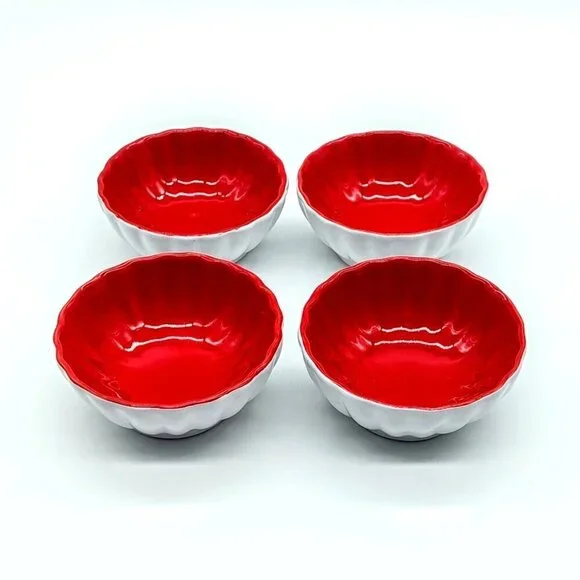 Set of 4 Pier 1 Red White Porcelain Scalloped Dipping Bowls NWT