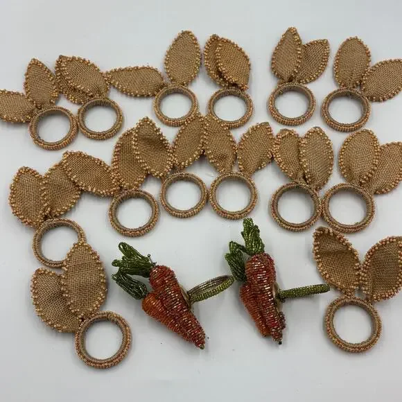 Lot 16 Beaded Easter Themed Napkin Rings Burlap Bunny Ears & Bead Carrots Pier 1